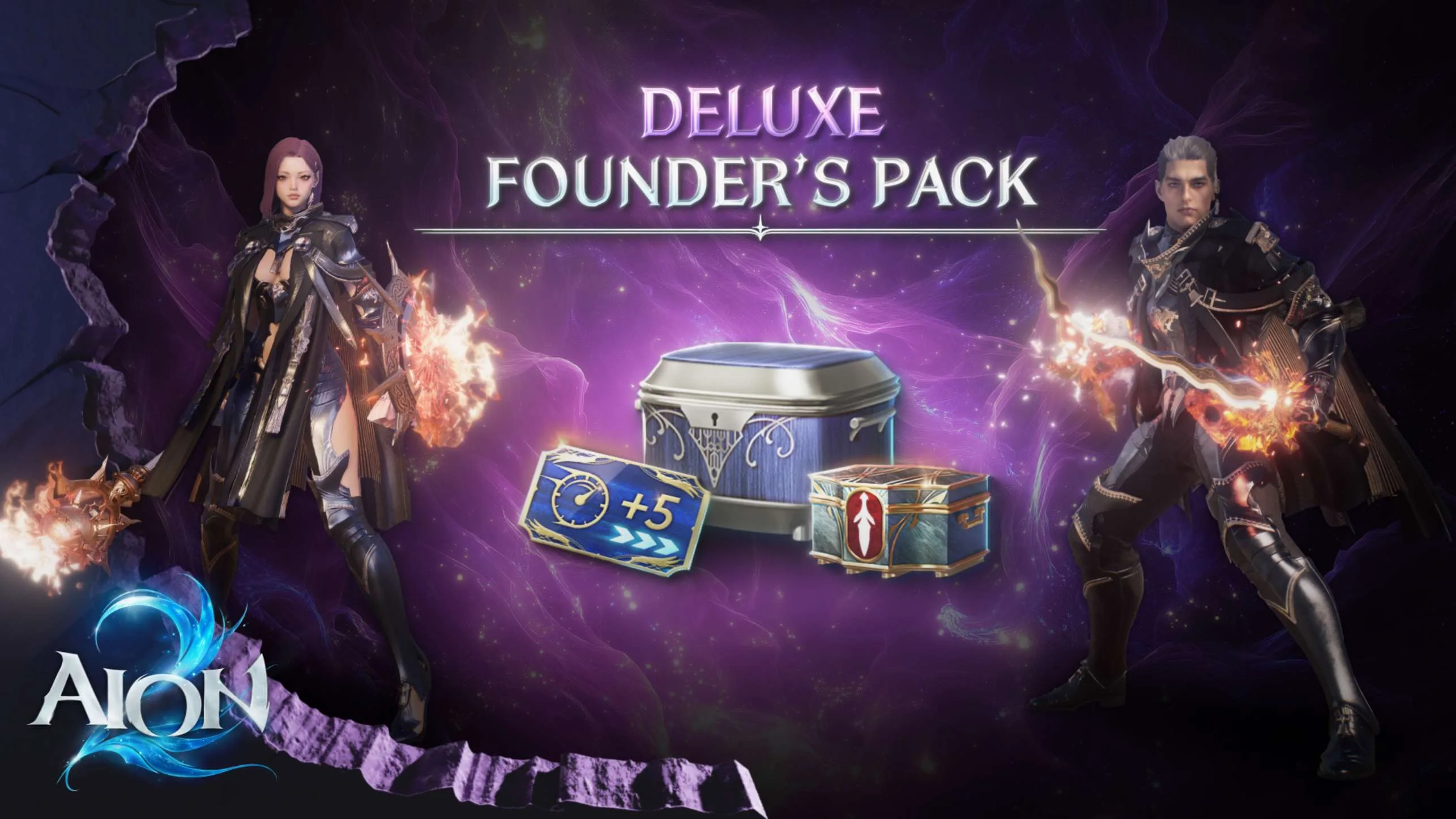 Visuel du Pack Fondateur deluxe d'AION 2 présentant l'apparence d'armure Daeva d'éveil et l'apparence d'arme Soleil de l'éternité.