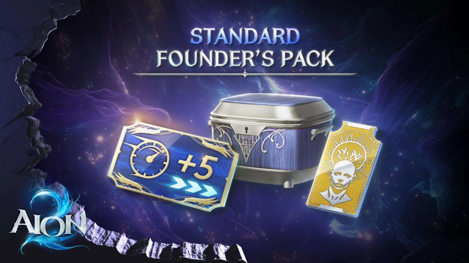 Visuel du Pack Fondateur standard d'AION 2 : coffre de ravitaillement d'expédition, ticket d'accès anticipé de 5 jours et parchemin de titre sur fond bleu nuit.