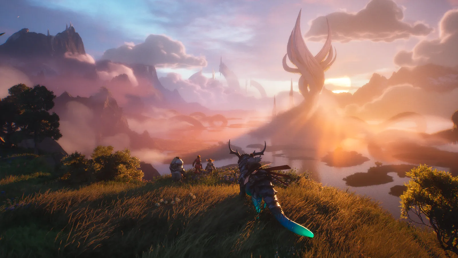 Vue panoramique d'un groupe d'aventuriers contemplant un paysage fantastique avec des structures organiques et une lumière de coucher de soleil dans Wonderlands: Aethelgard.