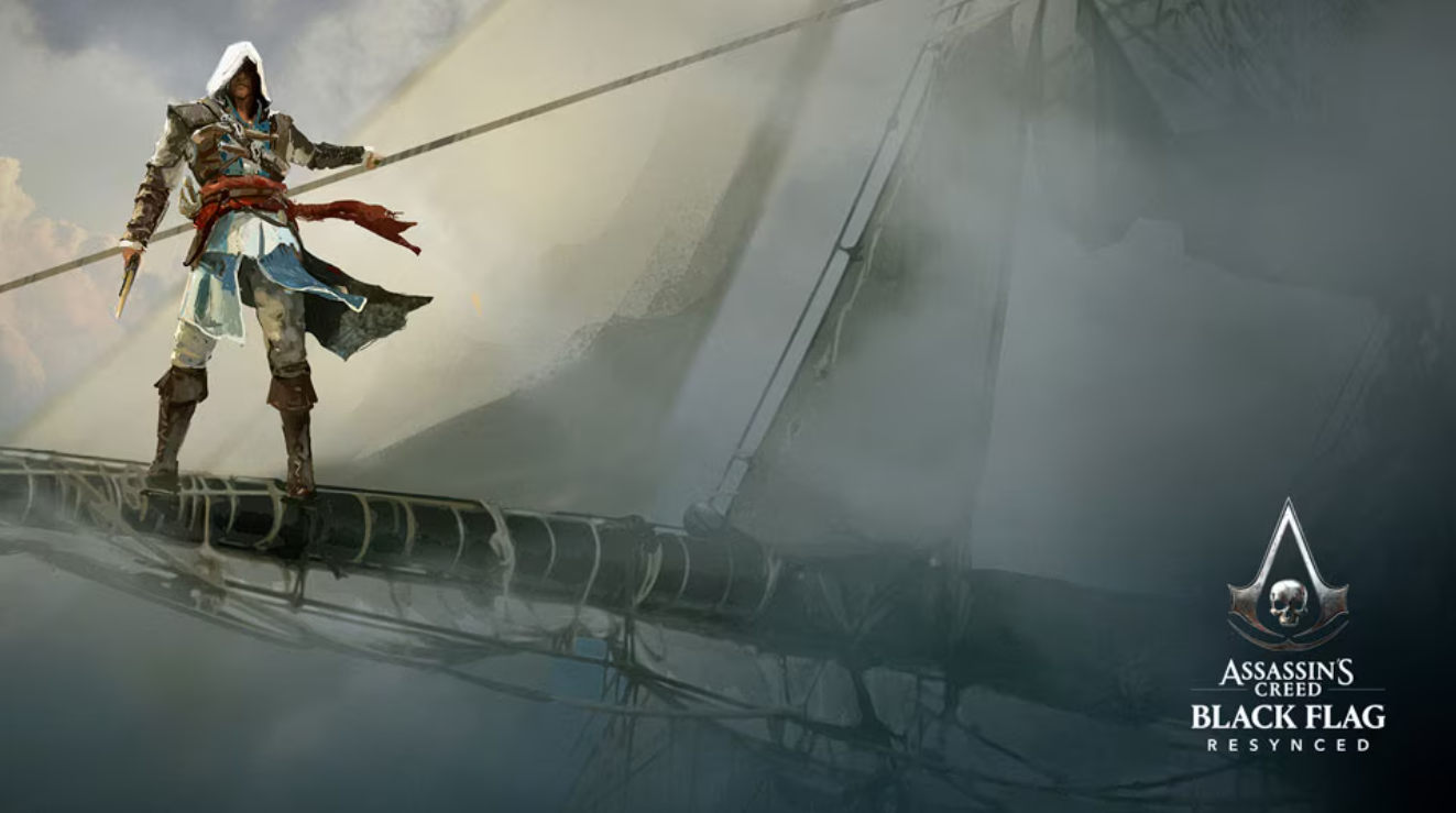 Illustration du personnage Edward Kenway, vêtu de son costume d'Assassin, debout sur un mât de son navire, le Jackdaw, avec les voiles du bateau en arrière-plan et un ciel nuageux. Le logo d'Assassin's Creed Black Flag Resynced est visible en bas à droite.