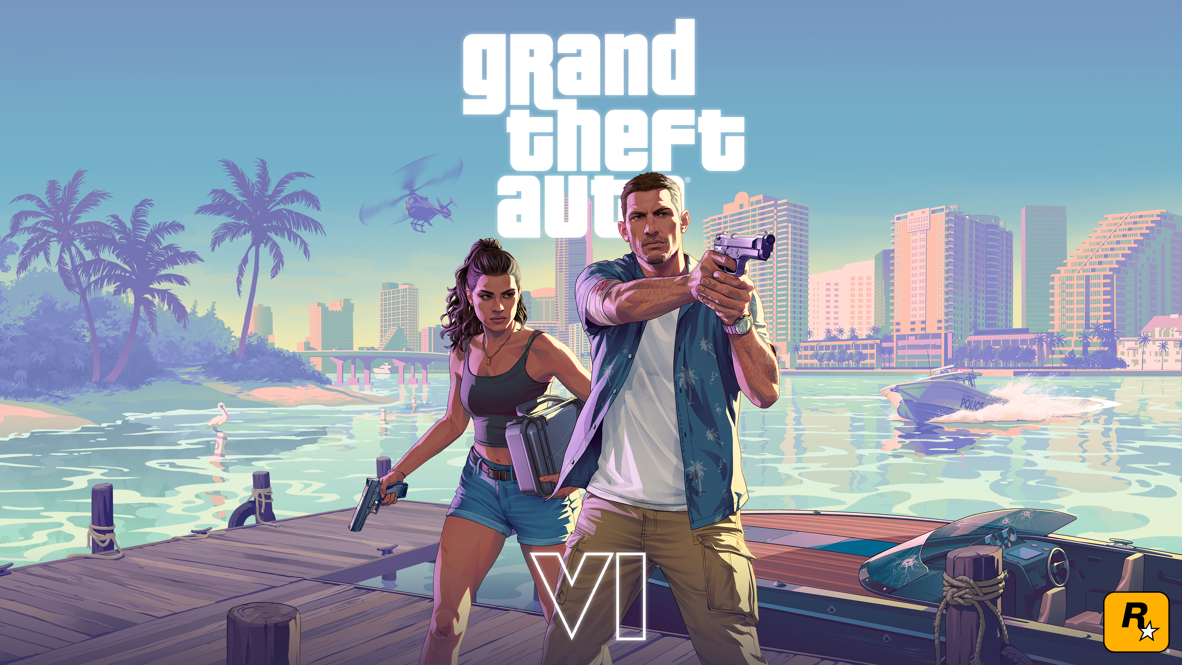 Illustration officielle de Grand Theft Auto VI&nbsp;: Jason et Lucia armés sur un ponton, avec la silhouette de Vice City en arrière-plan
